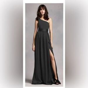 Vera Wang White Silk Black One Shoulder Maxi Dress with Satin Sash, Size 8